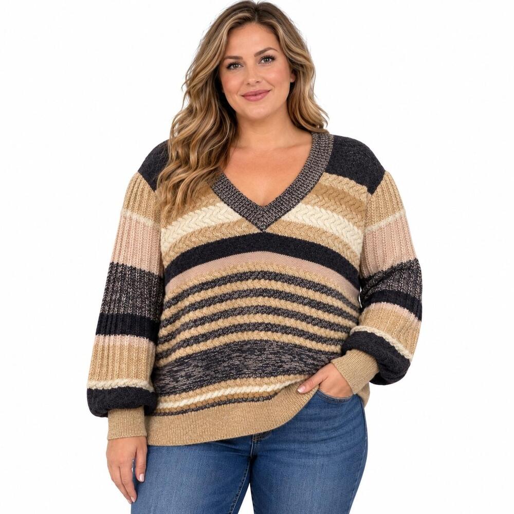 Another Love Sweater Womens XL Multicolor Stripe V Neck Balloon Sleeve Knit